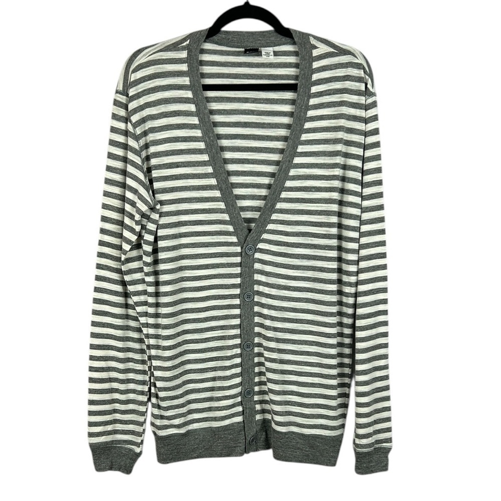 Urban Outfitters BDG Preppy Striped Cardigan Sweater Medium Grey White Relaxed